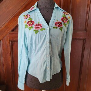 New York & Co Womens Embroidered Floral Button-Up Shirt S Light Blue 100% Cotton